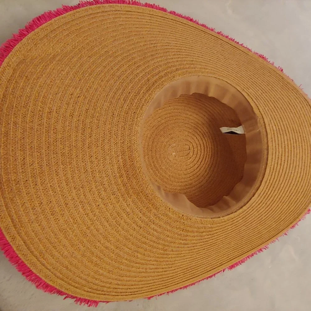Nine West large floppy straw sun hat with pink straw flower and trim - Picture 5 of 8